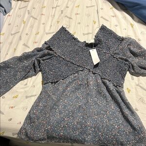 Gilli Blue Floral Smocked Off-Shoulder Blouse